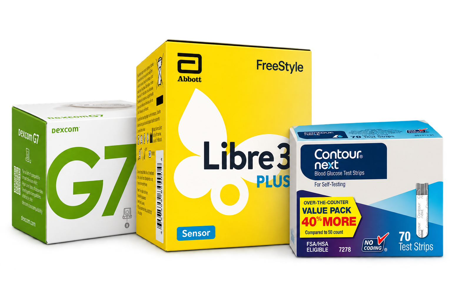 Dexcom G7, FreeStyle Libre 3 Plus and Contour Next boxes